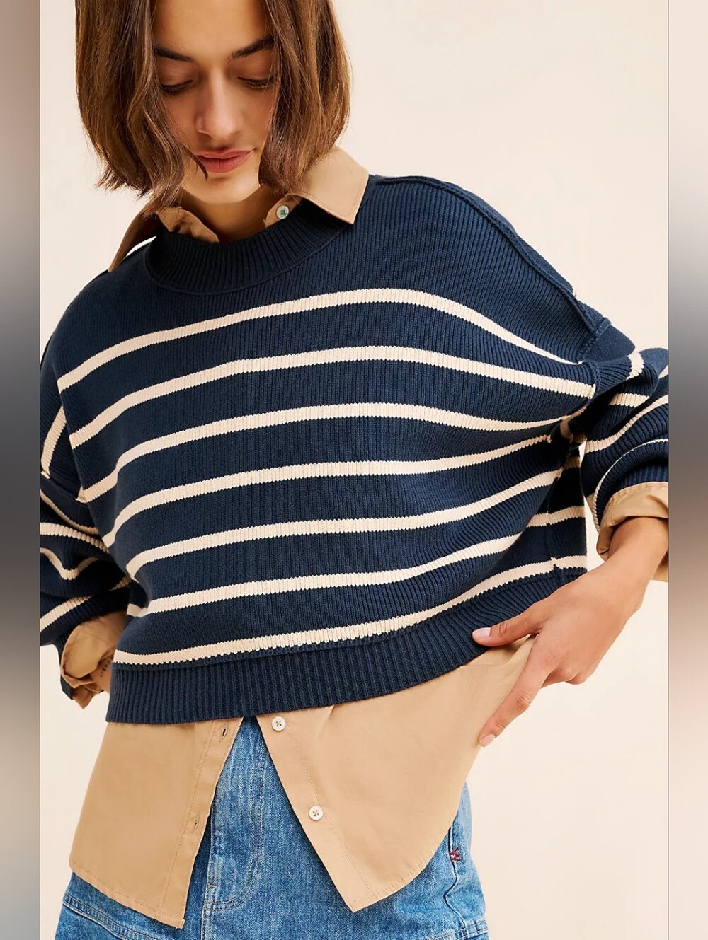 Free People Easy Street Stripe Crop Pullover Blue Large Oversized Sweater